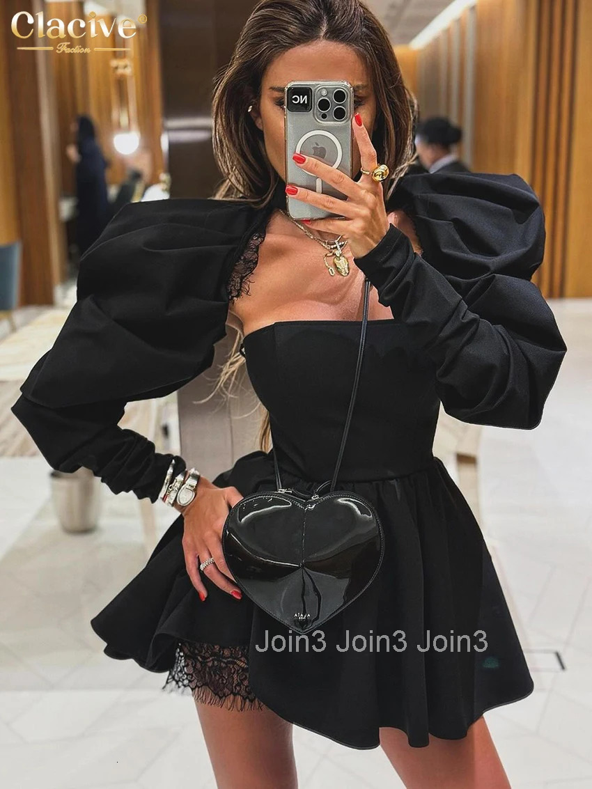 Clacive Sexy Slim Black Womens Dress Bodycon Stand Collar Long Sleeve Mini Dresses Elegant Lace Spliced Female Dress