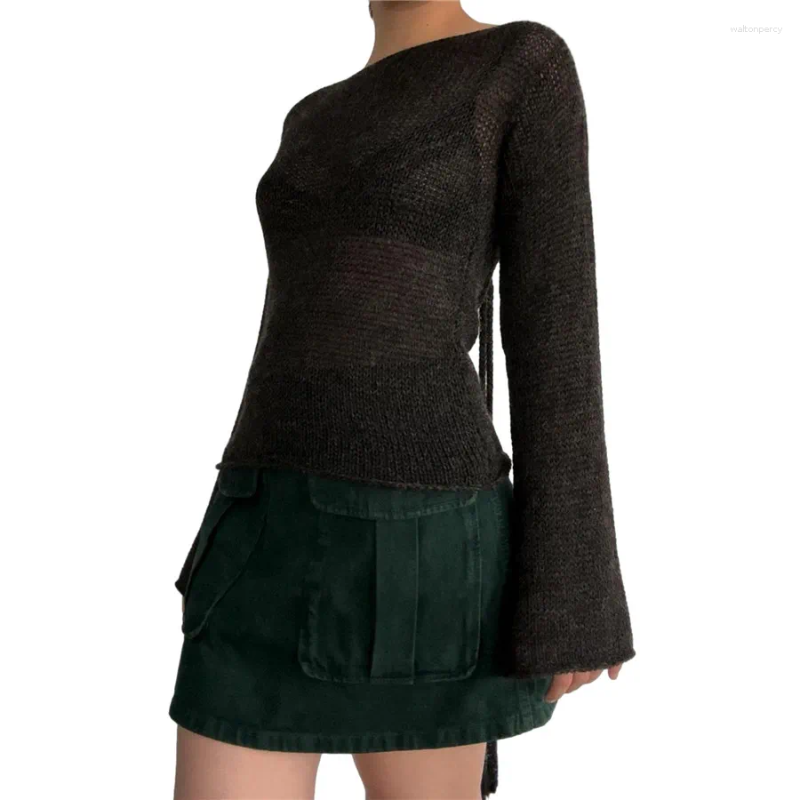 Women's Sweaters Women Tie Back Long Sleeve Boat Neck Solid Color Knit Pullover For Ladies