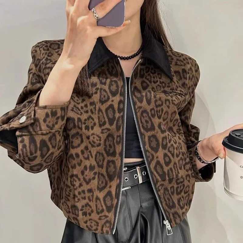 100% Cotton Womens American Retro Leopard Print Lapel Short Coats Female High Street Casual Zipper Long Sleeve Outwear Autumn New Z250804