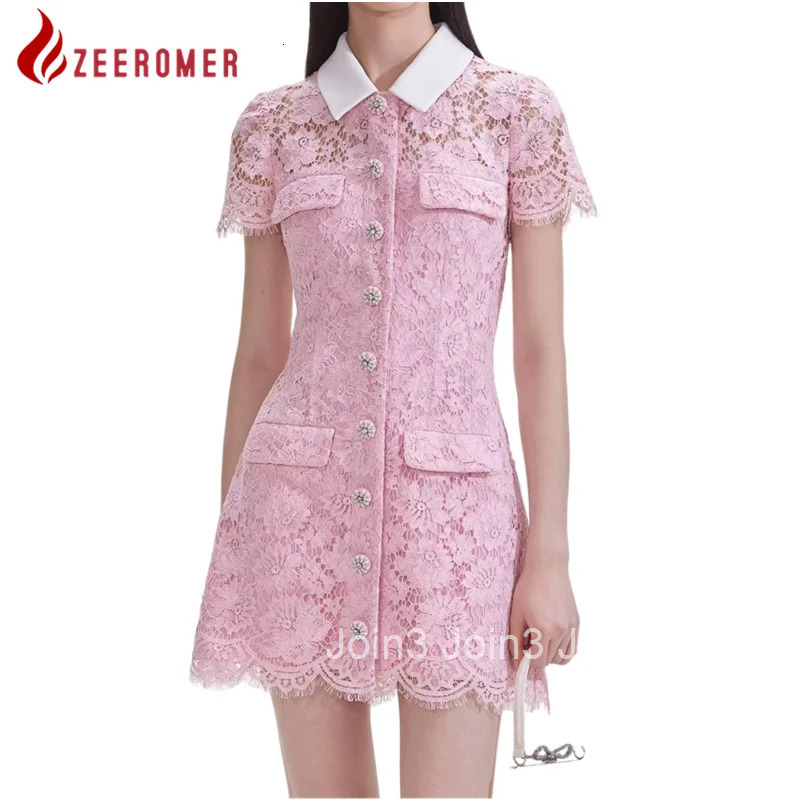 Summer High Quality Luxury Sweet Lapel Pink Lace Party Dress Women Elegant Short Sleeve Diamonds Buttons Fashion Mini Dress