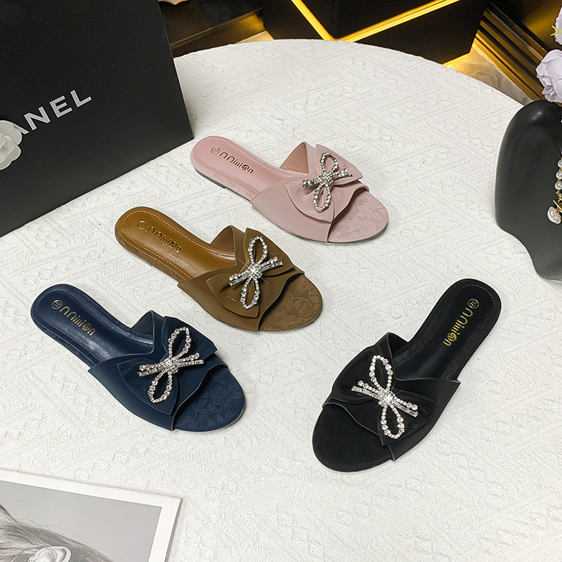 Women's Soft Leather Slippers, Japanese-Korean Style Bowknot Flat Sandals with Rhinestone Buckle - TPR Outsole, PU Insole, Medium Width Summer Home