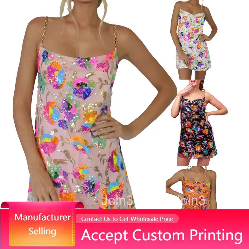 WomenS Dresses Sexy Sequin Gold Chain Sleeveless One-Neck Backless Spaghetti Strap Mini Dress Casual A-line Short Dresses