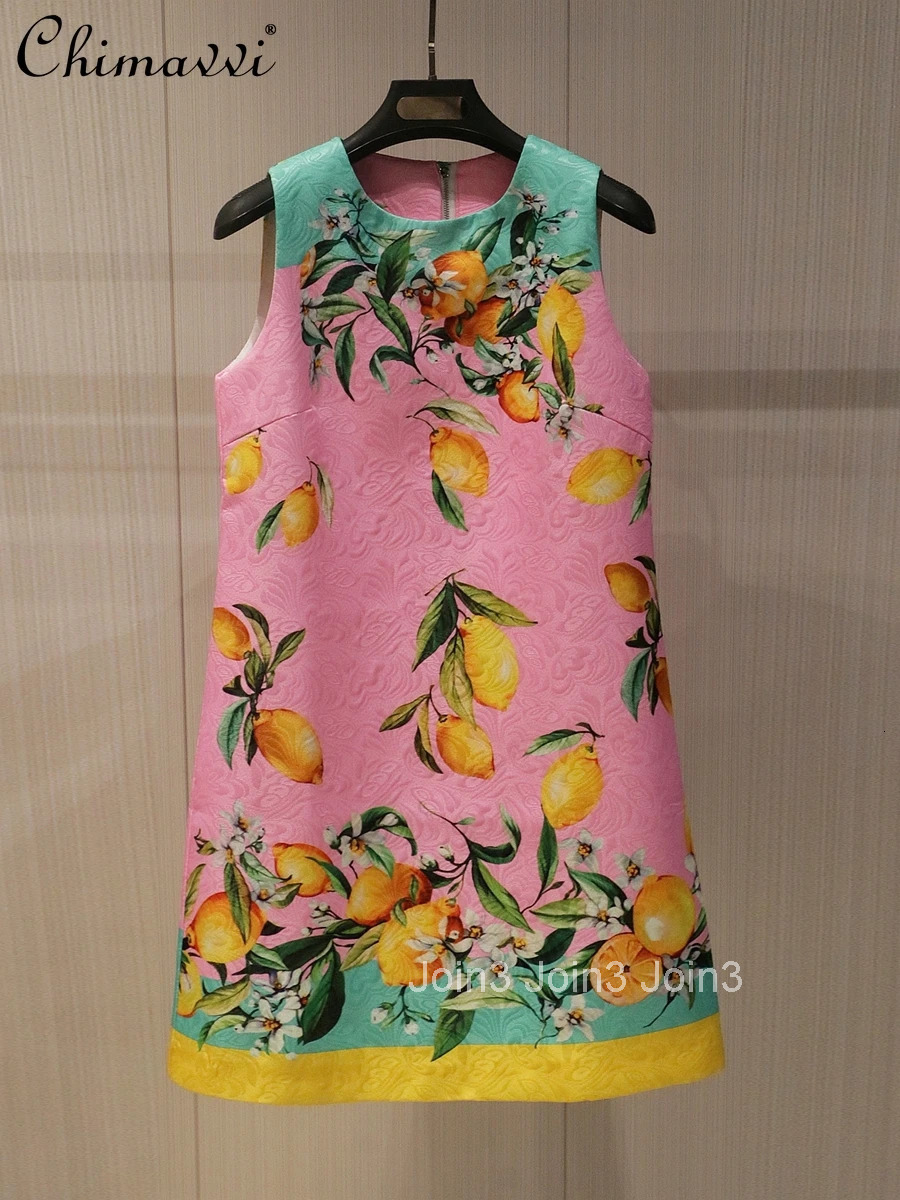 Spring and Summer New Fashion Jacquard Print Lemon Slim Vest A-shaped Dress Temperament Short Sleeveless Dresses Women