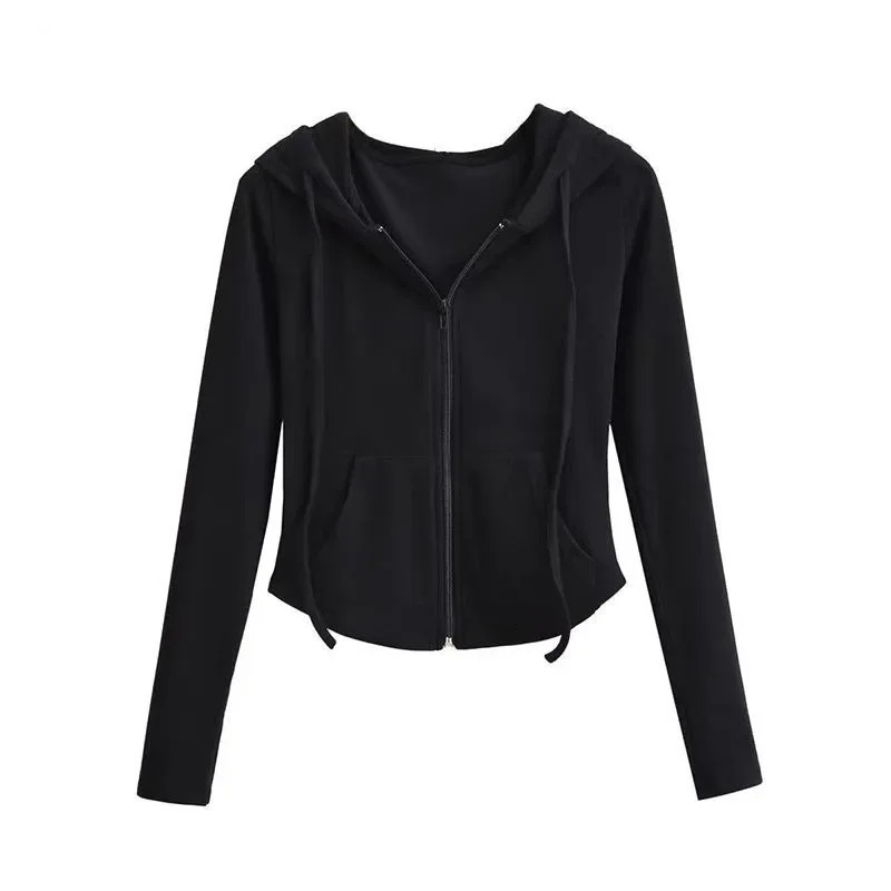 Women Cropped Zip Up Hoodie Y2K Slim Fit Long Sleeve Jacket Solid Color Zipper Streetwear Sports Hooded Womens Sweatshirt 250804