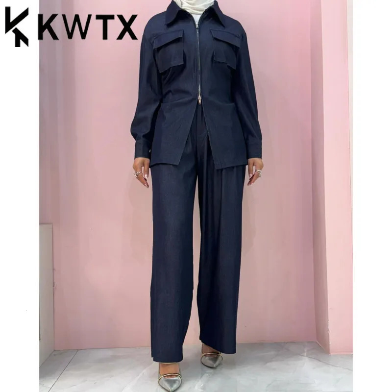 KWTX 2025 Spring Summer Womens Zippered Denim Set Jacket Jeans Two Piece Outfit Casual Chic Pocket n 250728