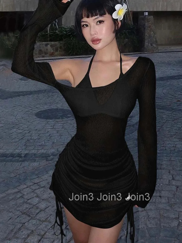 Womens Solid Skew Collar Ruched Straps Lace-Up See through Draw String Mini Dress Summer Party Clubwear