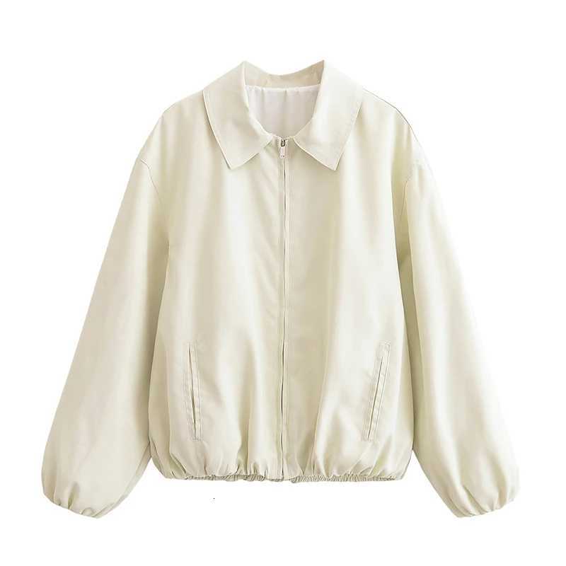2025 Women Long Sleeve Lapel Collar Bomber Jacket with Front Zipper Elastic Hem Casual Loose Coat Autumn Winter Lady Outfits Z250804