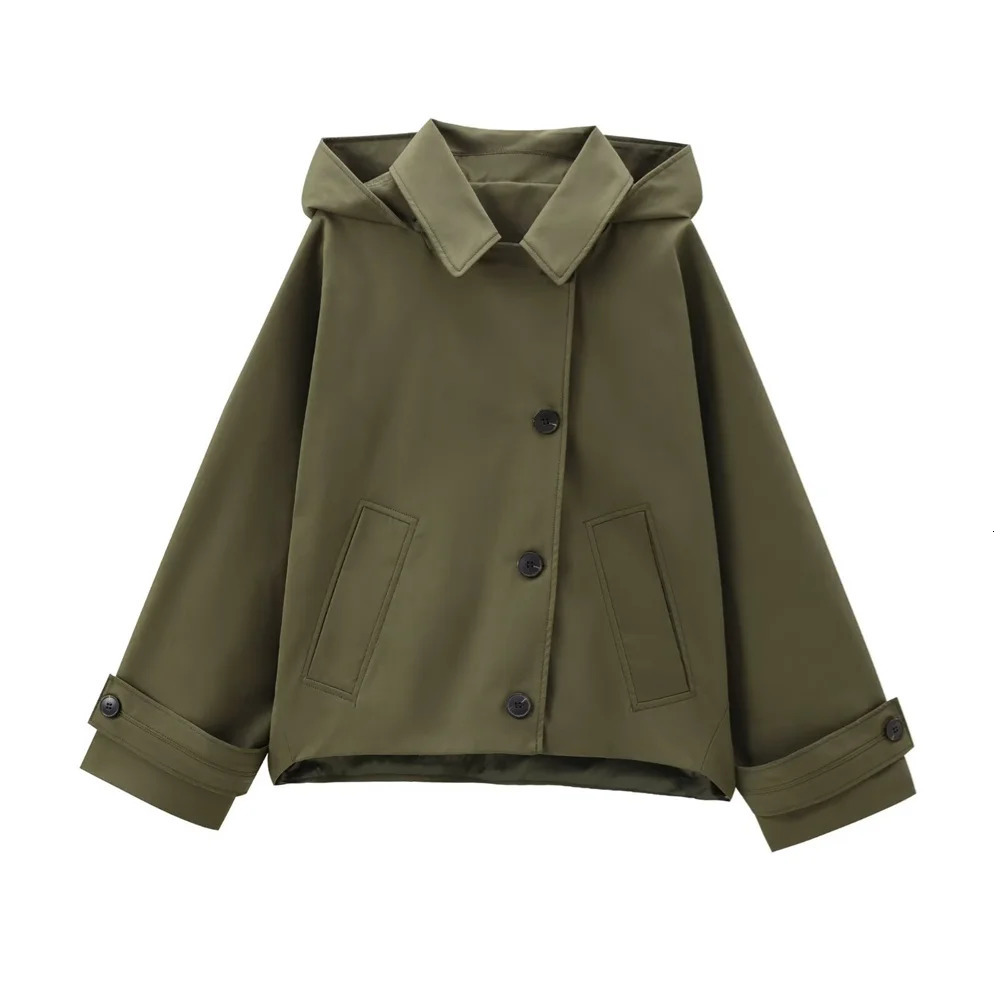 RARF autumn European and American style hooded long sleeved lapel jacket single breasted trench coat short jacket 250804
