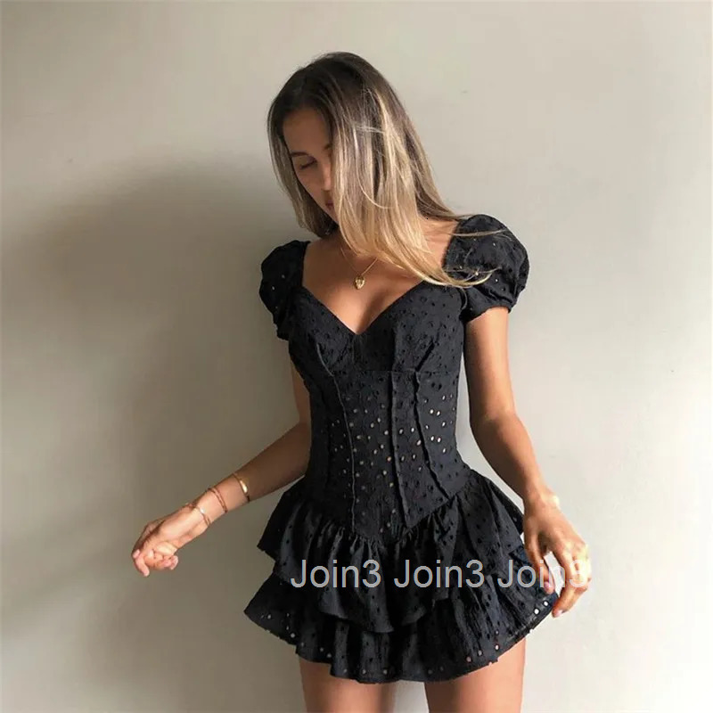 V Neck Ruffles Pleated Dress Women Puff Sleeve Chic Black Summer Dress Party Hollow Out Vintage Bodycon Dress Corset Ladies