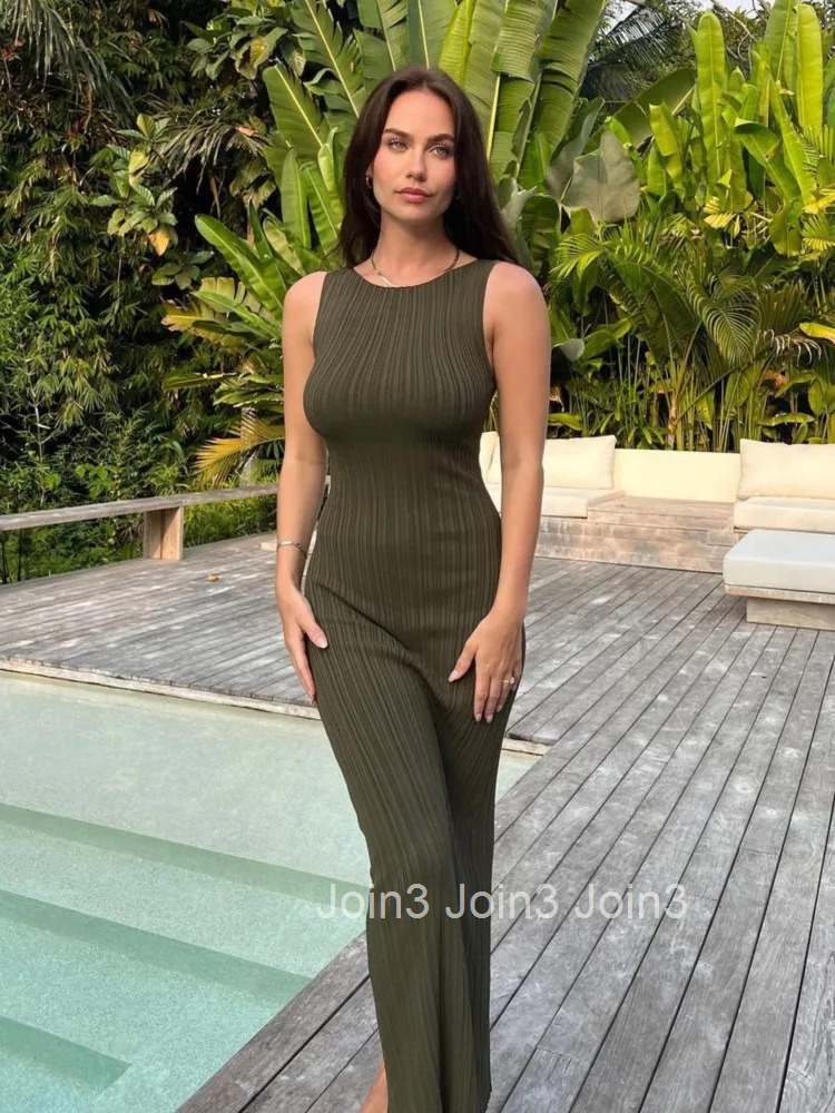 Cotton Knitted Stripe Dresses For Women Solid Color Sleeveless O Neck Ladies Party Long Dress New Casual Commuting Vestidos
