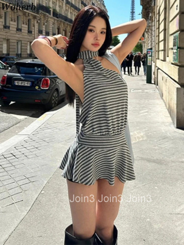 Sexy Stripe Halter Bandage Dress for Women Fashion Summer Sleeveless Mini Vestidos Skew Collar A-line Tunic Ruffles Dresses