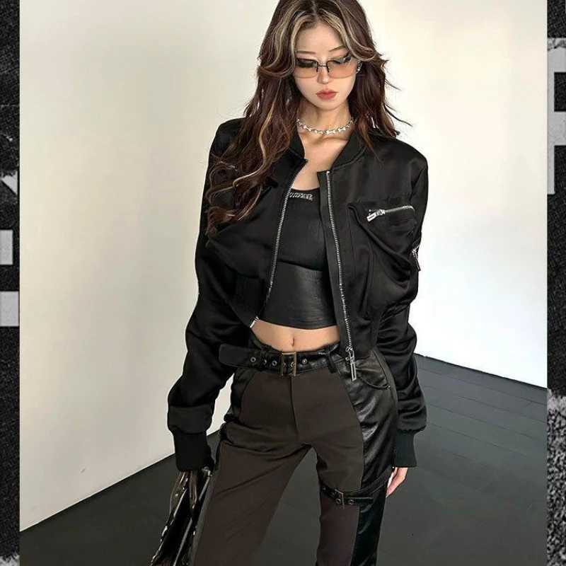 2K Bomber Jacket Women Baseball Jacket Zip Cropped Coat High Waist Spring Autumn Long SLeeve Outerwear Trend Tops Black Z250804