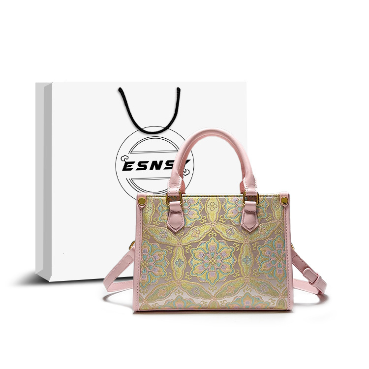 Free Shipping Designer Luxury ESNSY New Chinese Style Handbag For Women 2025 Spring Summer New Song Brocade Pattern Pink Design Tote Bag Casual Bag