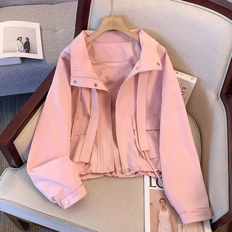 2025 Spring Autumn Coat Women Cropped Hooded Jacket Casual Thin Loose Clothes Windbreakers Female Tops Outerwear Overcoat 250804