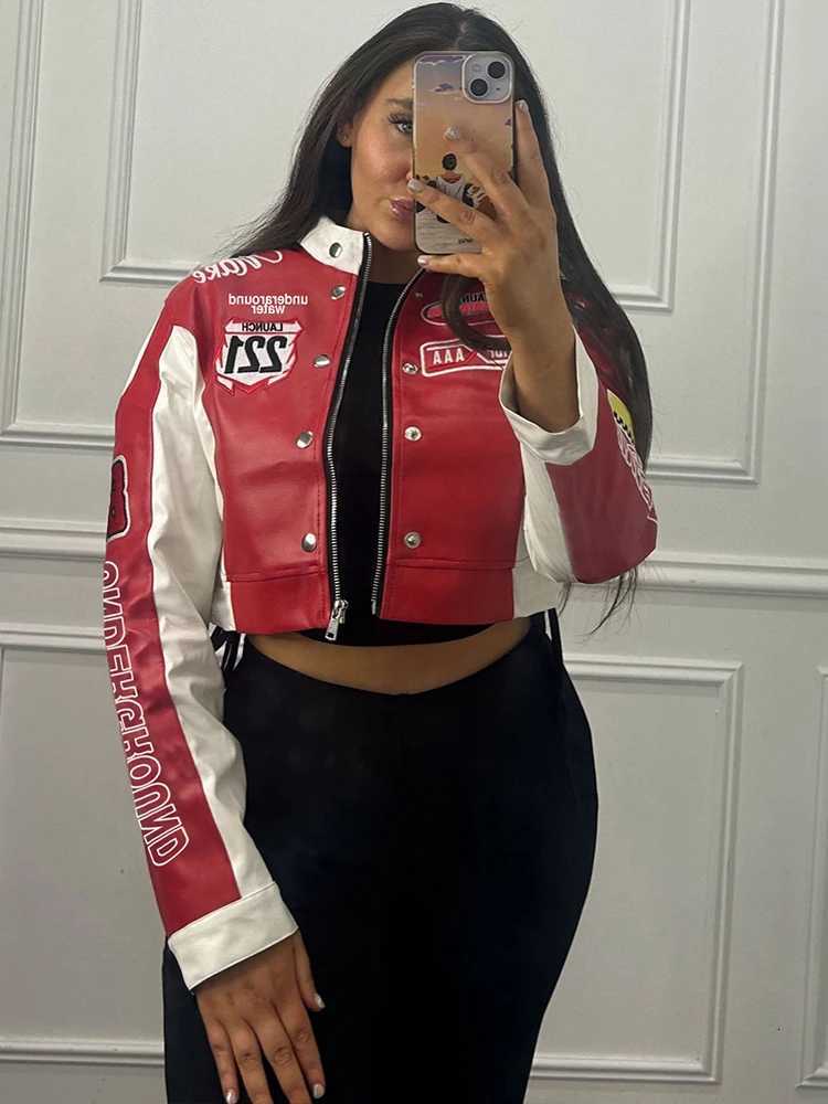 Macheda Letter Print Jacket Women Faux Leather Cardigan Hipster Uniform Autumn Trend Single-Breasted Classic Streetwear Coats Z250804