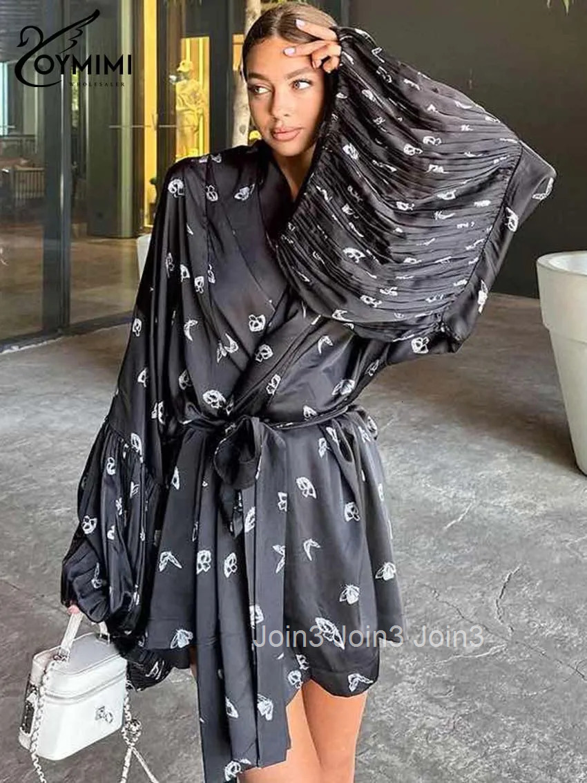 Oymimi Fashion Black Print Womens Dresses Elegant V-Neck Puff Sleeve Dresses Casual Lace-Up Pleated Mini Dress Female Clothing