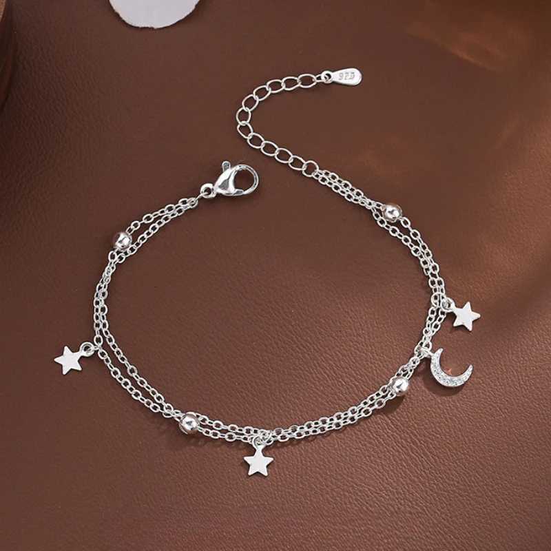 925 Sterling Silver Star Moon Bracelets For Women Fashion Korean Crystal Double Layer Charm Bracelet Original Party Jewelry Gift XJ250804