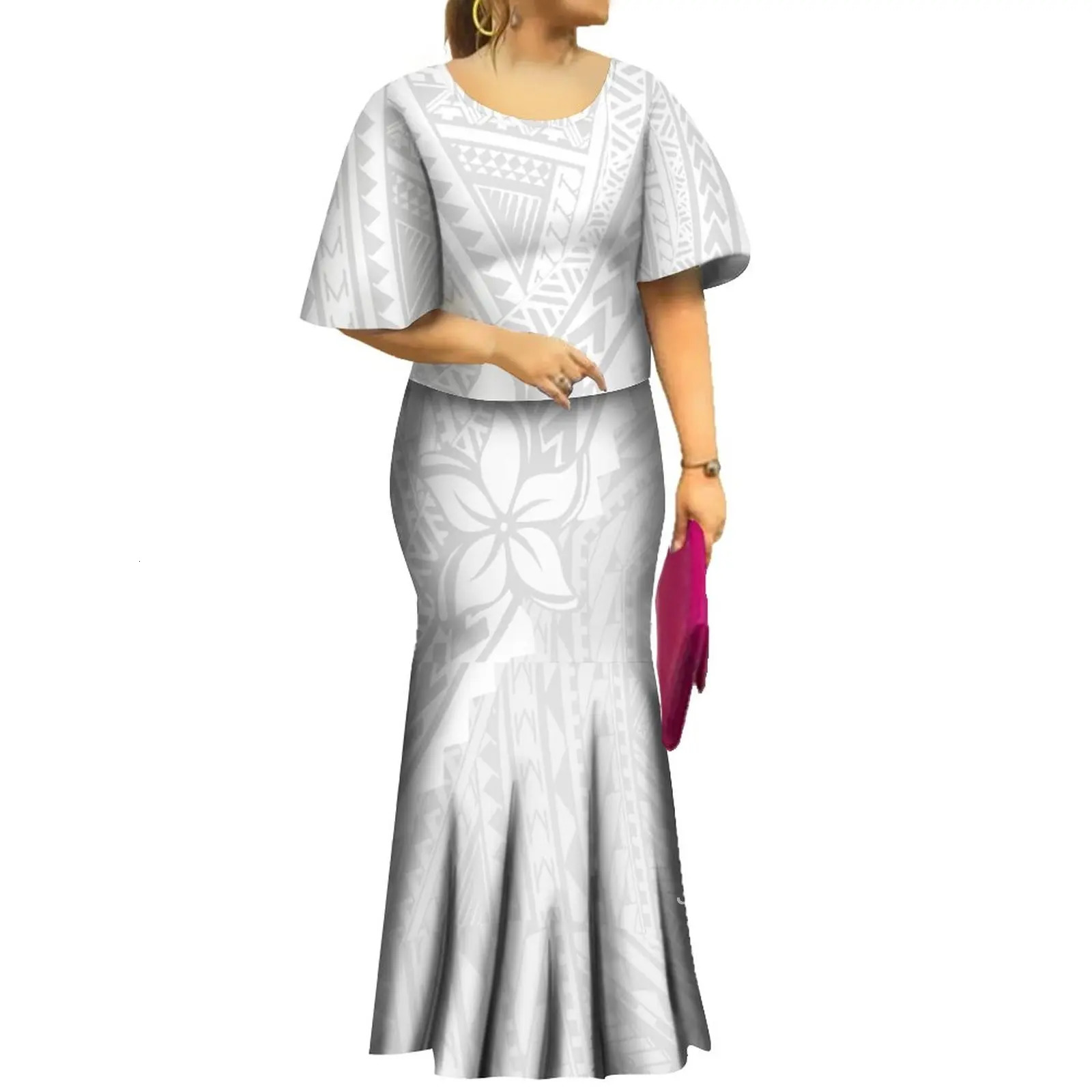 mother day Design Custom Two Piece Sets 2PCS Matching Outfits Polynesian White Mermaid Dress Samoan Puletasi