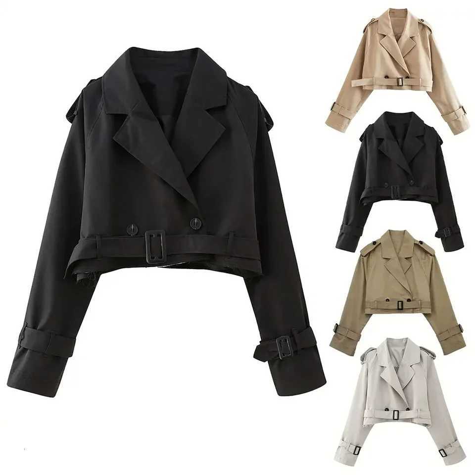 Women Cropped Blazers Jackets Autumn Elegant Vintage Solid Color Long Sleeve Double-Breasted Trench Coat With Belt Z250804