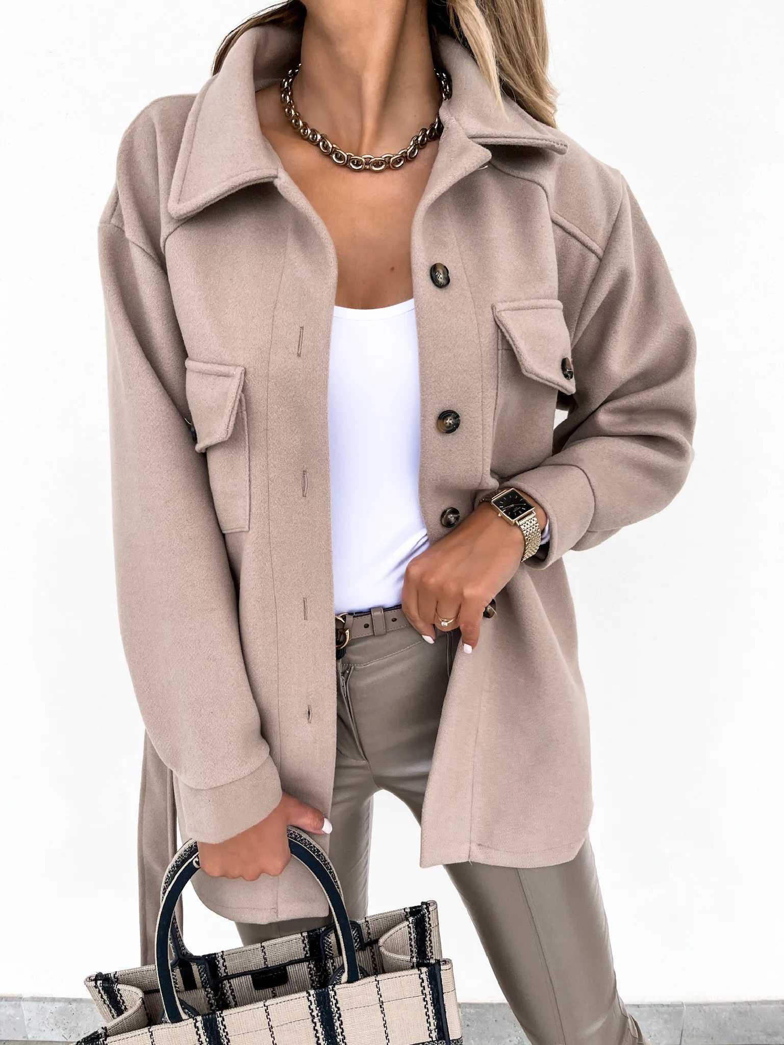 Autumn and Winter Lapel Single Breasted Thickened Solid Color Shirt Womens Woolen Loose Jacket Wool Womens Woolen Jacket Z250804