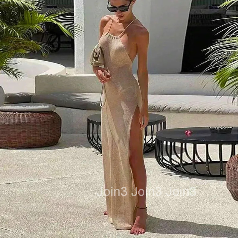 Spring And Summer Hot Style Double-sided High-slit Sexy Suspender Beautiful Back Solid Color Knitted Dress Beach Dress