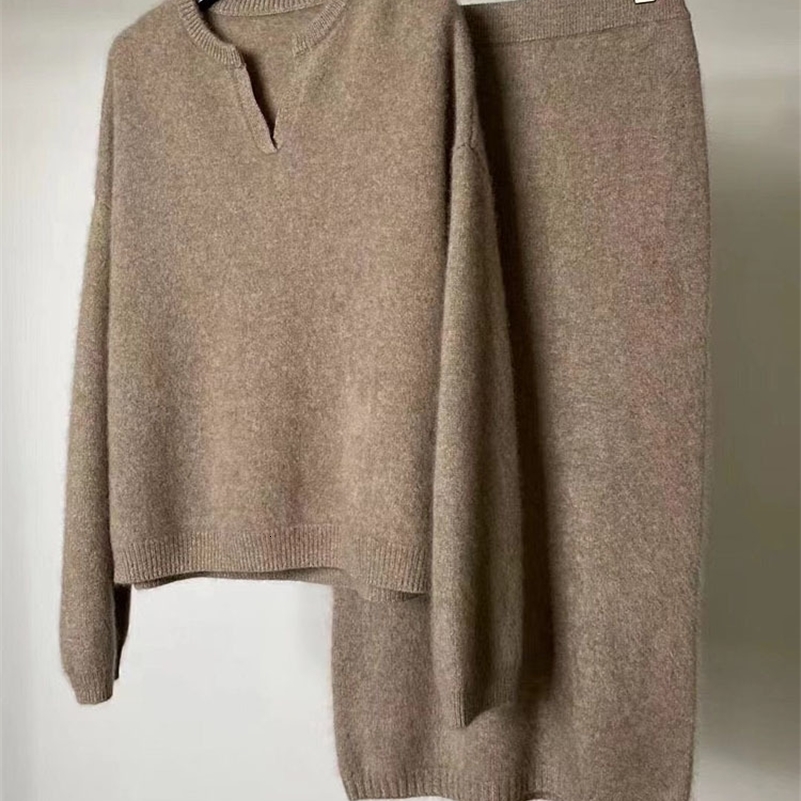 Premium Autumn/Winter 100% cashmere set solid color POLO collar fleece sweater mid-length skirt two-piece set 250728