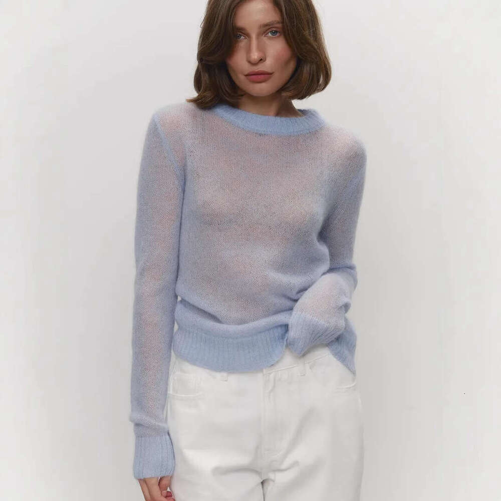 Spring Summer New Thin Sweater Cover-Up Women Round Neck Style Transparent Basic Knitwear Candy Color B5