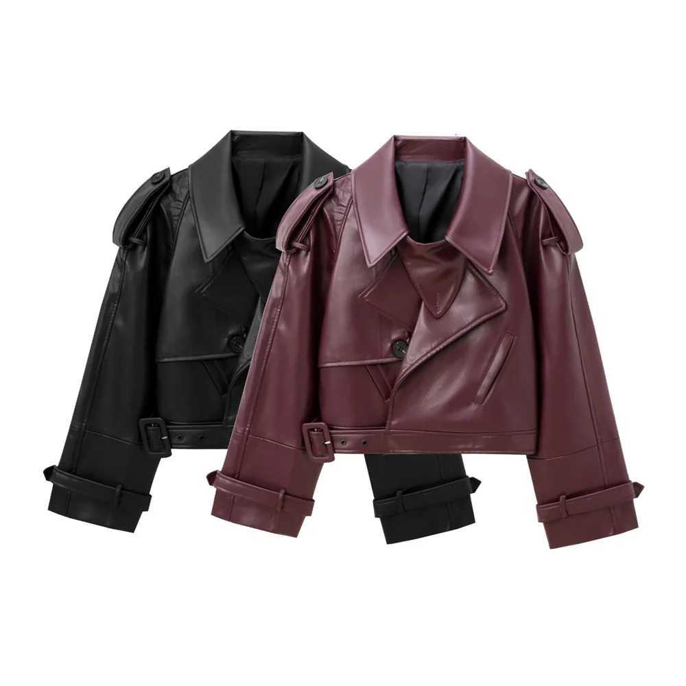 2024 Autumn New Product Casual Womens Fashion Solid Color Collar Belt Decoration Irregular Placket Design Leather Coat Z250804