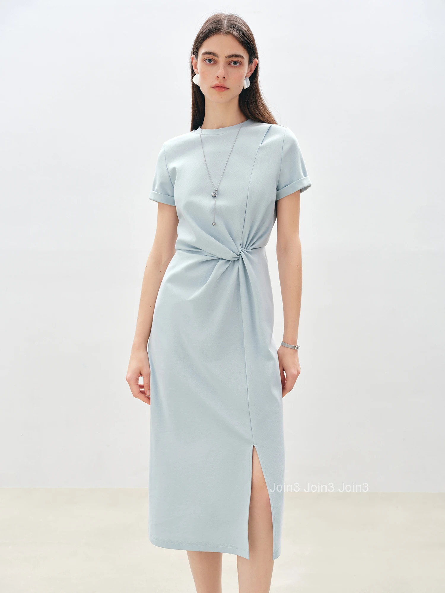 ZIQIAO Women Solid Long Dress Summer New Casual Round Neck T-Shirt Dresses Grey Short Sleeve X-LINE Dress 25ZQ92026