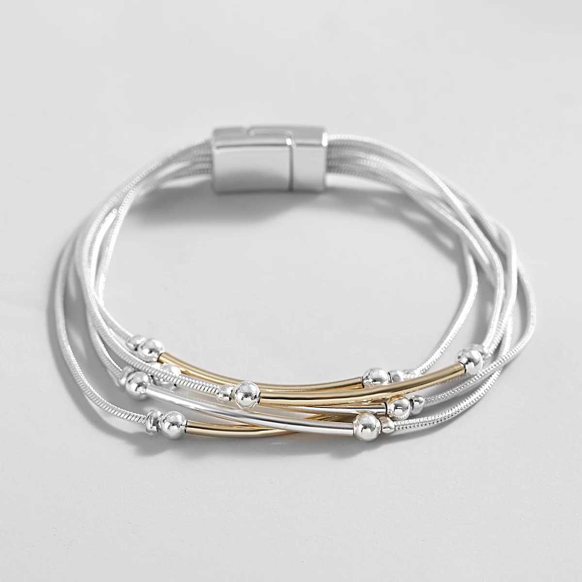 ALLEYS Charm Two Tone Metal Tube Beads Bracelet Multilayer Silver Color Snake Chain Bangles Bracelets Men Female Jewelry Gifts XJ250804