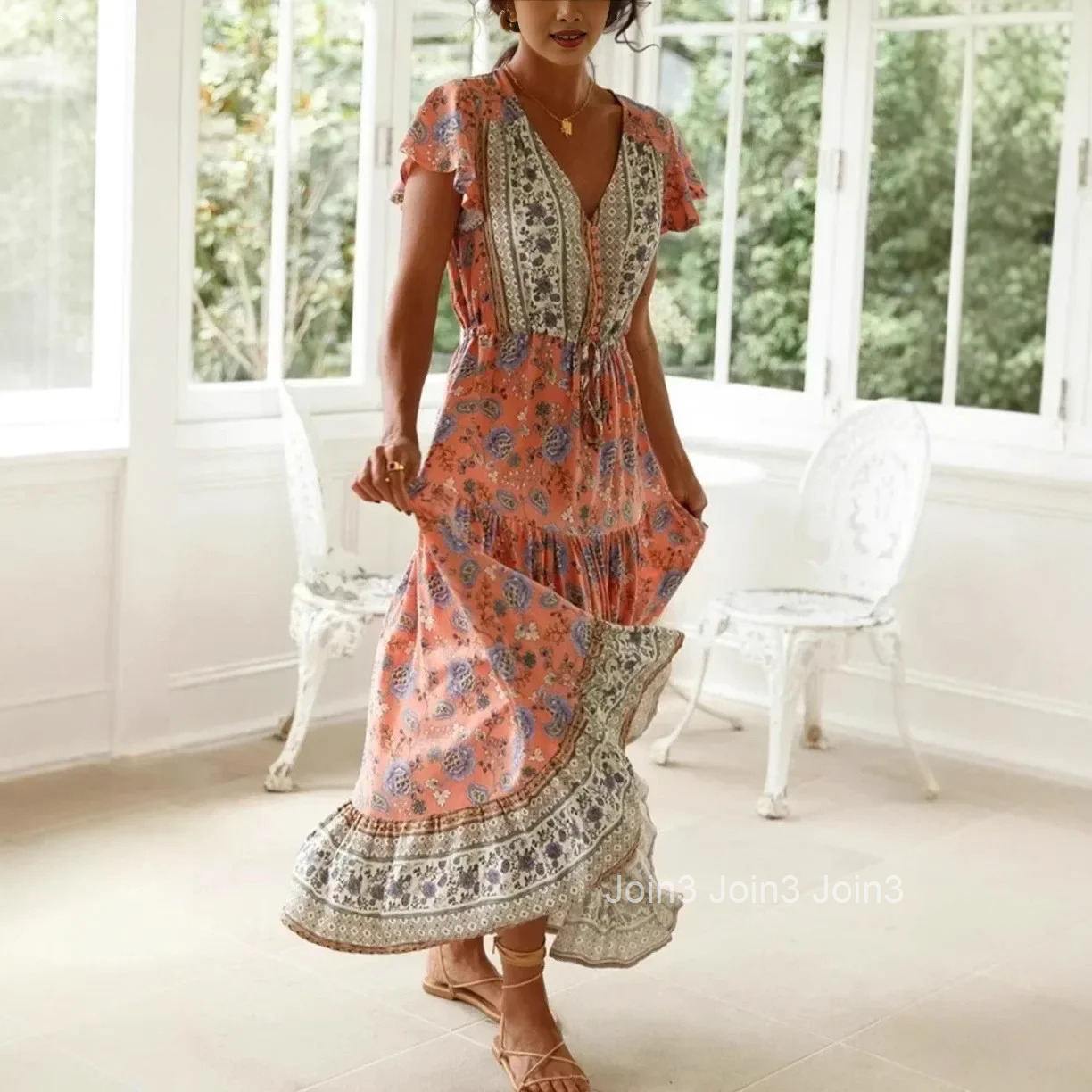 Happie Queens Women Sexy V Neck High Split Print Flare Sleeve Bohemian Dresses Ladies Rayon Cotton Boho Maxi Dress