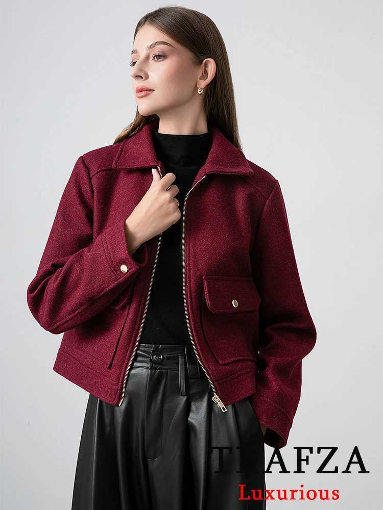 TRAFZA Red Bordeaux Loose Jackets Women Zipper Pockets Short Coats Fashion 2025 Spring Elegant Bomber Jackets Elegant Outerwear Z250804