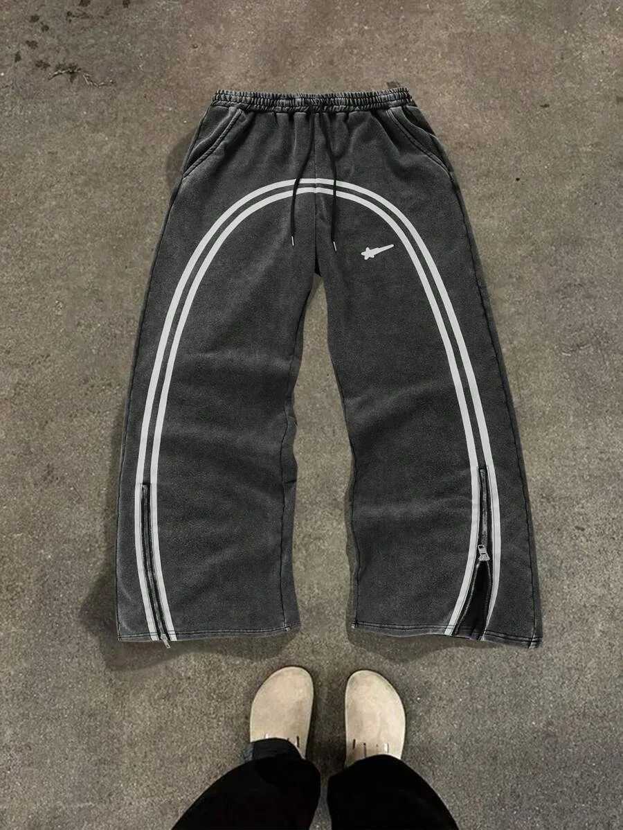 American New Trend Striped Side Zipper Design Elastic Waist Wide-Leg Pants Mens Y2K Harajuku Hip-Hop Joker Casual Sweatpants X250804