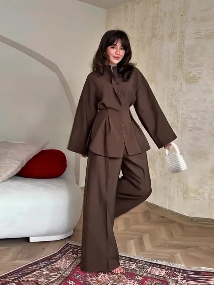 Casual Womens Waist-Closed Trouser Suit Long Sleeve Button Pleated Wide Leg Pants Outfits Lady 2025 Autumn Fashion 2 Pieces Set 250728