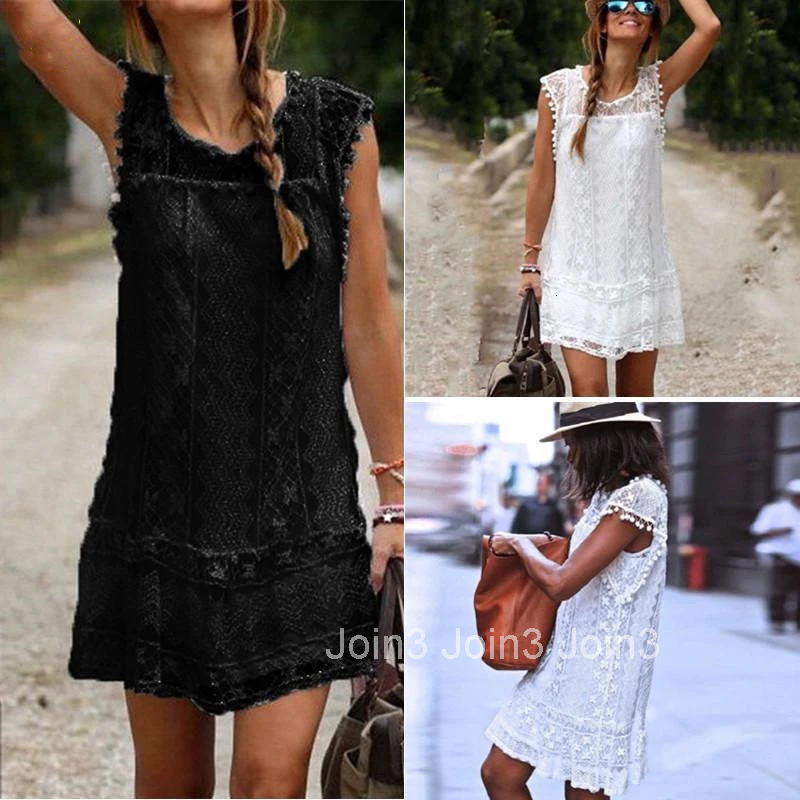 Women Summer Dresses Summer White Black Plain Lace Mini Party Dresses Sexy Club Casual Vintage Beach Sun Dress