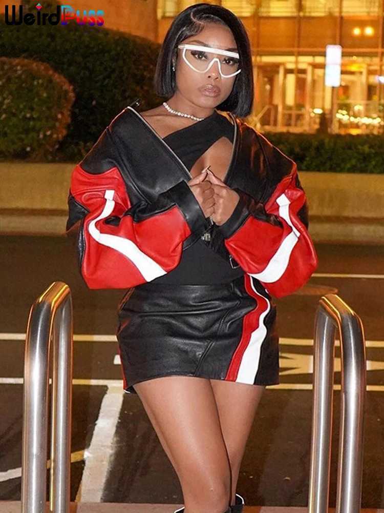 Weird Puss Zip Women Varsity Jacket Faux Leather Patchwork Cinched Waist Autumn Fashion Wild Street Hipster Uniform Crop Coat Z250804