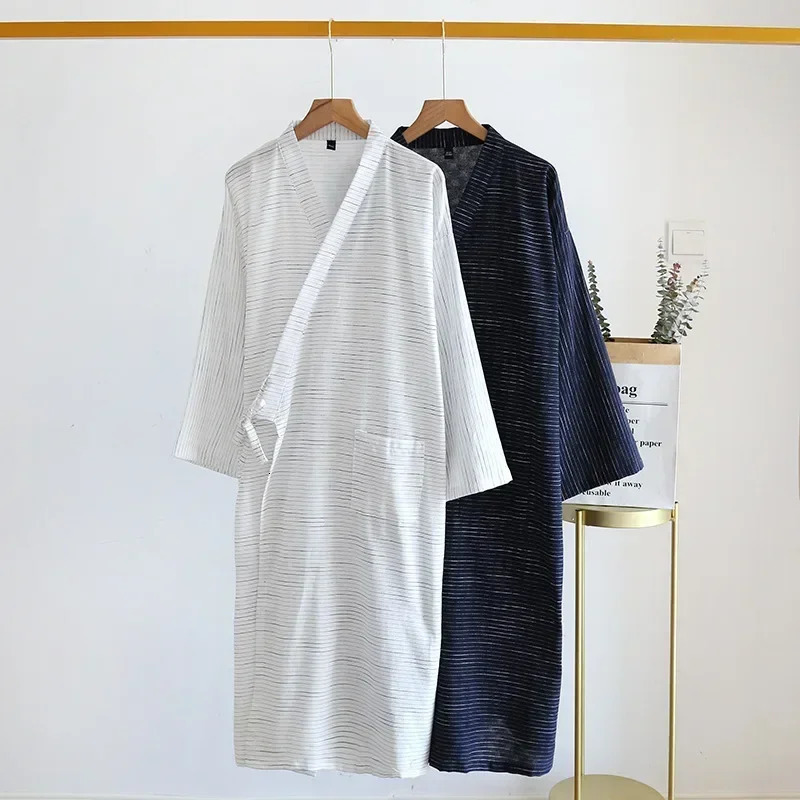 Mens Long Bathrobes Cotton Cloth Spring and Summer Kimono Robe Large Size Mens Striped Bathrobe Home Sweat Steaming Clothes 250801