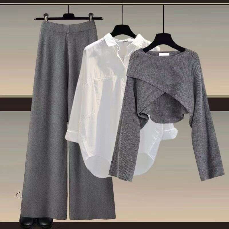 Women's Clothing Knitted Sweater Shirt Wide Leg Pants Three Piece Suit