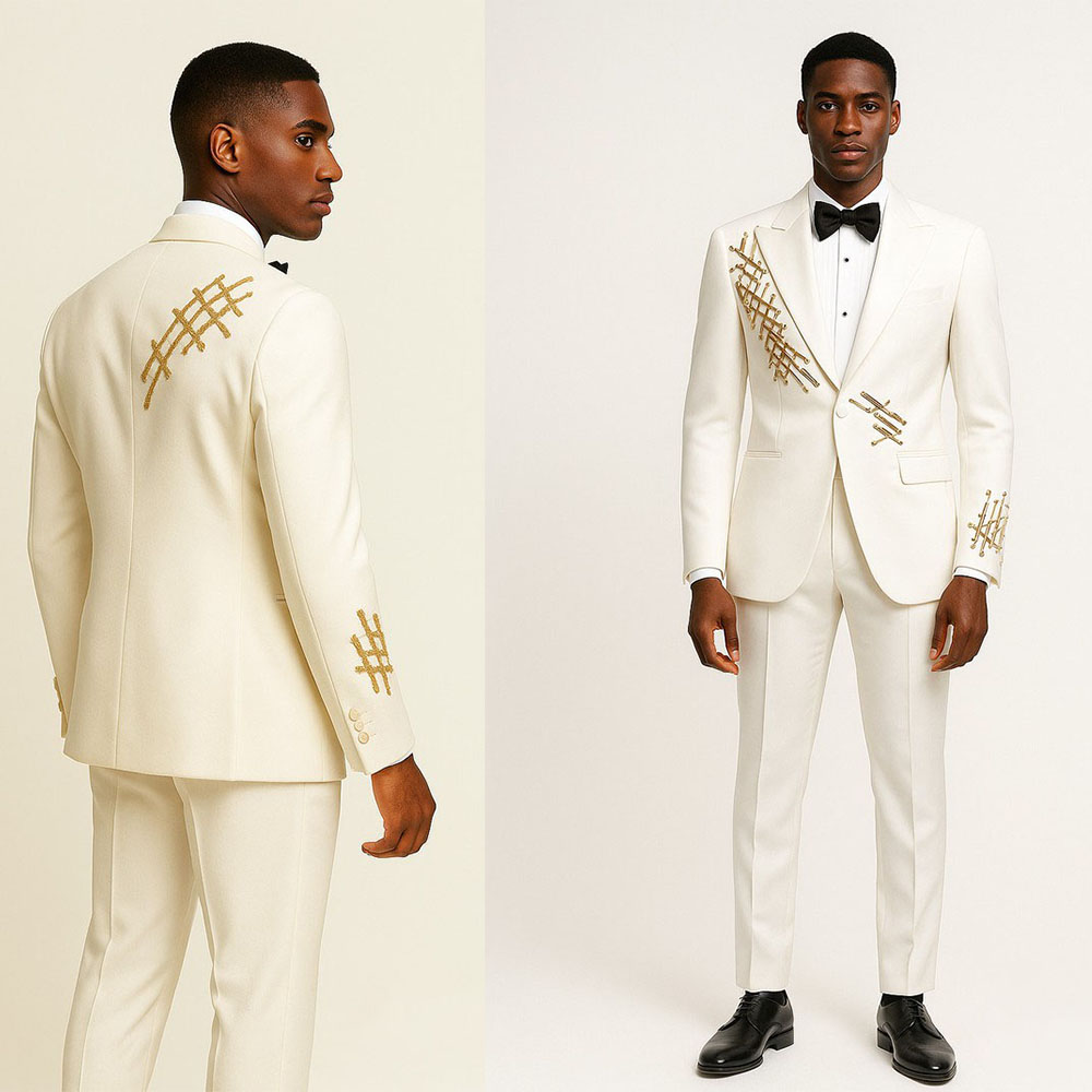 Stylish Men Suits Tailor-Made 2 Pieces Set Peaked Lapel Jacket Beading Blazer One Button Groom Customized Coat Pants Plus Size