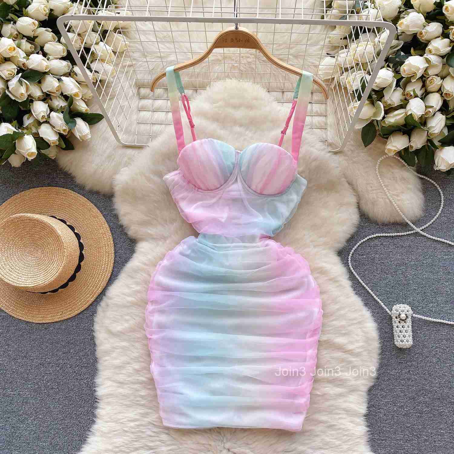 Rainbow Gradient Sexy Dress Women Mesh Folds Spaghetti Strap Female Sheath Dresses Built in Bra Summer Mini Vestidos Dropship