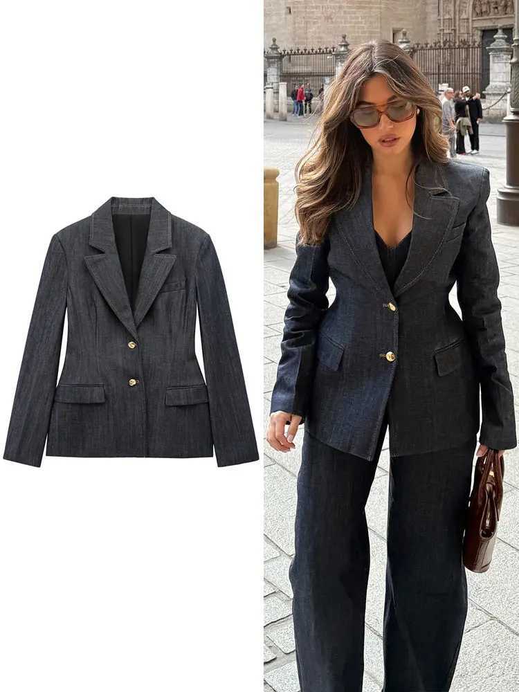 TRAFZA Women Denim Blazer Coat Single Breasted Long Sleeve Lapel Suit Jacket With Pockets Female 2025 Spring New Fashion Outerwear Z250804