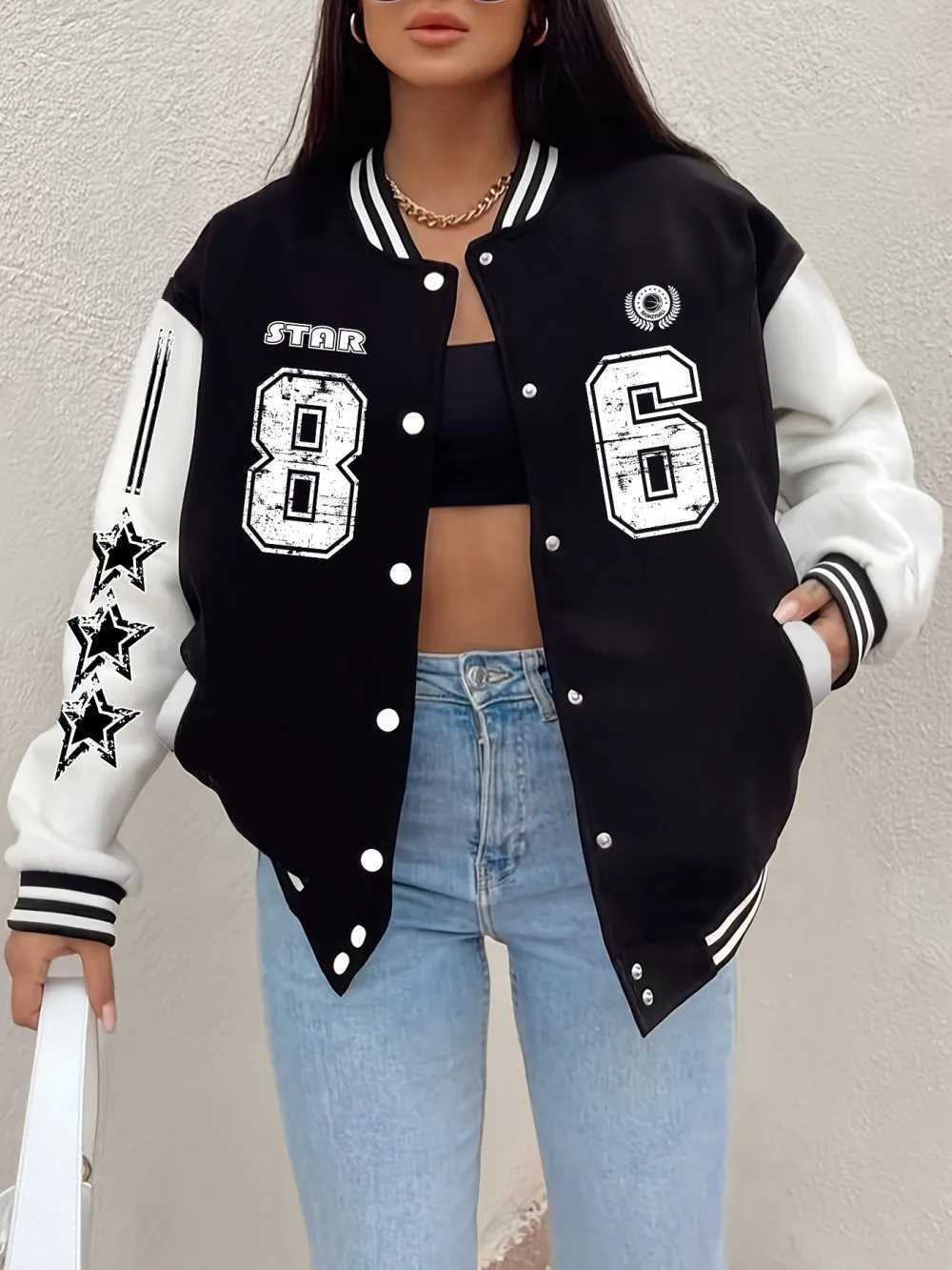 86 Basketball Star Printed Jackets Womens Comfortable Soft Baseball Street Loose Coats Winter FLeece Warm Womens Clothing Z250804
