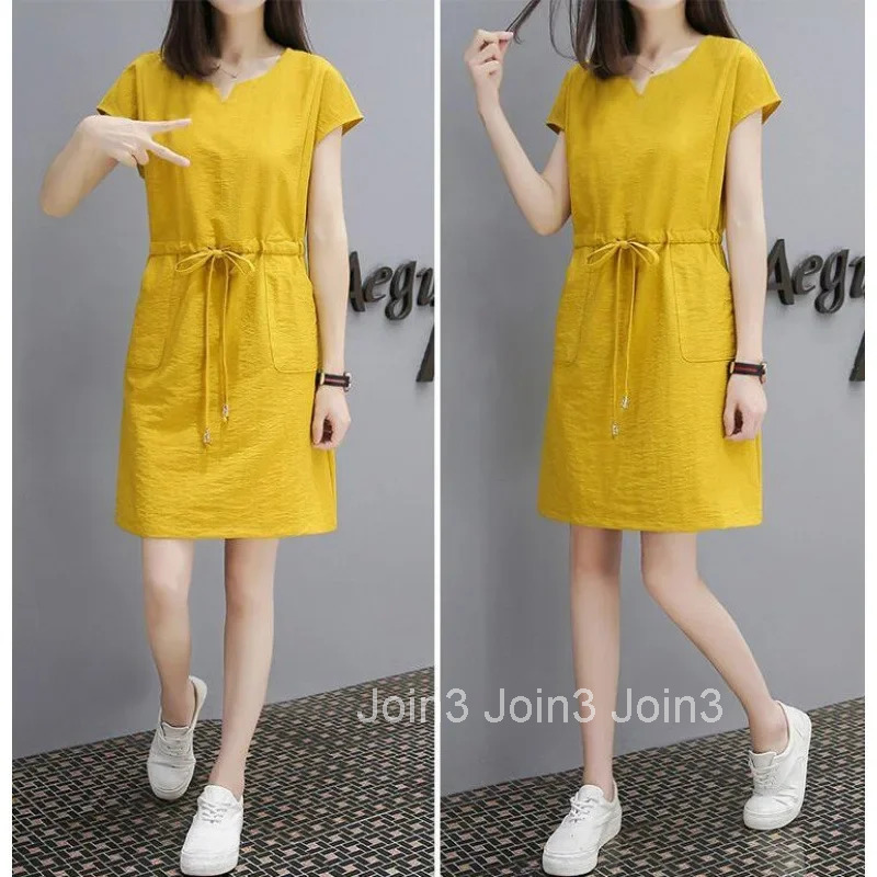 Summer Hot Sale Of The Season Womens plus Size Loose Dress Drawstring V-Neck Slimming Beautiful Korean Style Fashionable Casual
