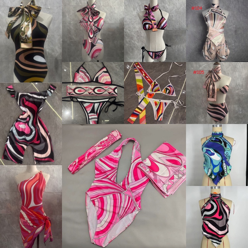 Luxury Designer Women Swimwear Sexy Multicolored Swimsuits With Headband Scarf Summer Hawaii Beach Pool Party Bikini Set Brand Halter Bathing Sui