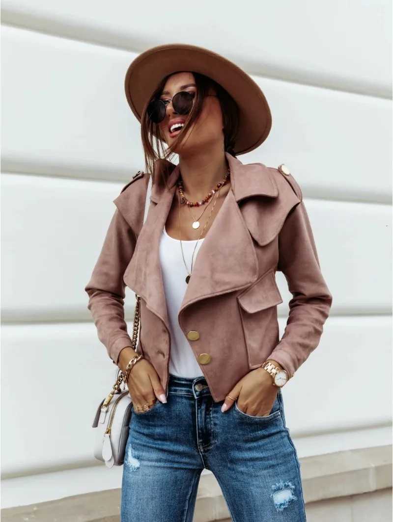2XL Jacket with Pockets Short Fashion Autumn Coat Winter Short Jacket Suede Autumn Jacket for Women Solid Color Buttons Jacket Z250804