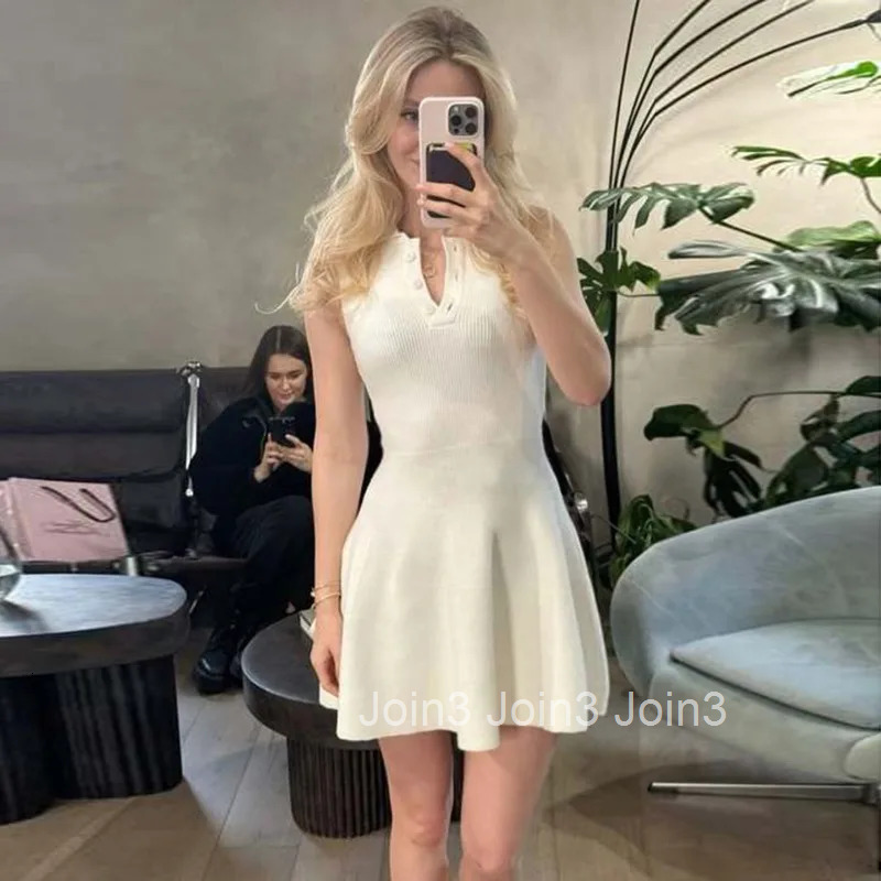 Talenza White Knitted Mini Dress Fashion Lapel Single Breasted Slim Sleeveless A-line Dress Summer Casual Office Womens Dress
