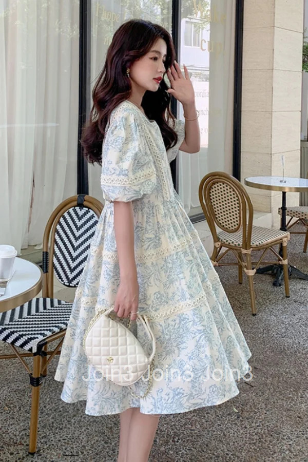 Korejpaa French Elegant Square Collar Floral Dress Women Summer New Sweet Gentle High Waist Midi Dresses Vestidos Femme