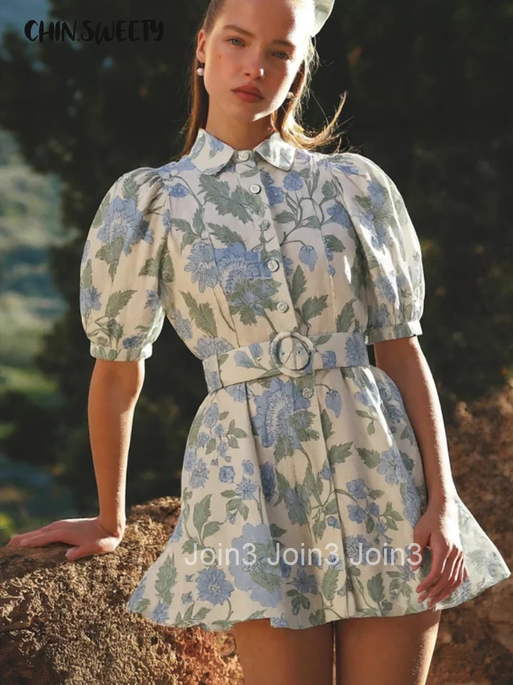 Vintage Print Womens Dress Short Puff Sleeves Turn-Down Collar Lady Dresses With Belt Summer Fall Female Vestidos