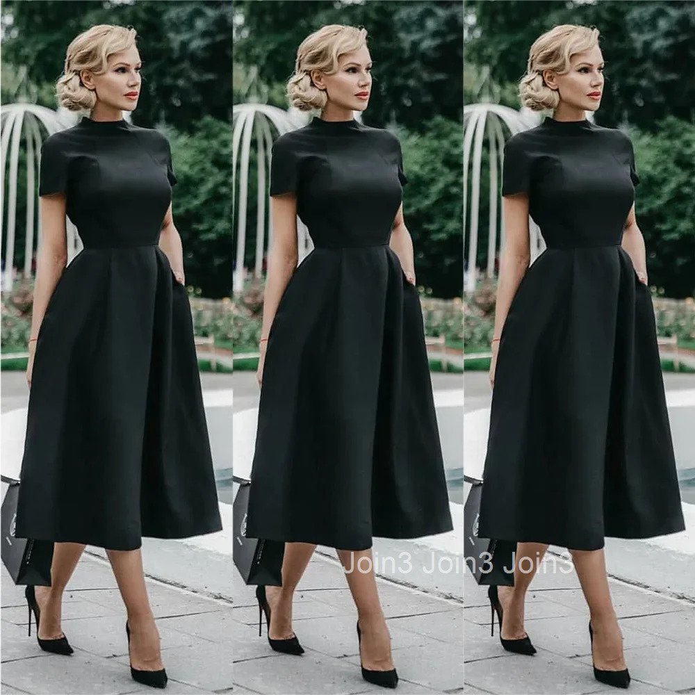 Solid Color Dress Retro Elegant Black Standing Collar Womens Summer New Style Temperament Short Sleeve White Womens Dress
