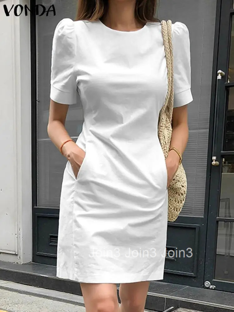 VONDA Fashion Mini Dress Women Solid Casual A-Line O-Neck Pocket Sundress Femme Slim Short Sleeve Office Robe Oversized